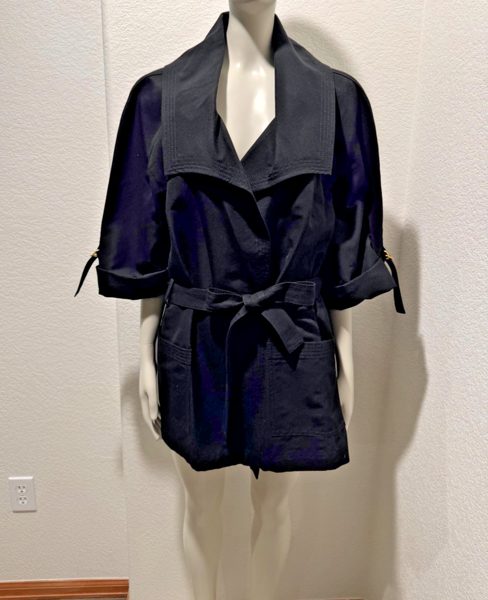 St John Collection Black Belted Wrap Jacket XL Cotton Silk Blend Twill Classic